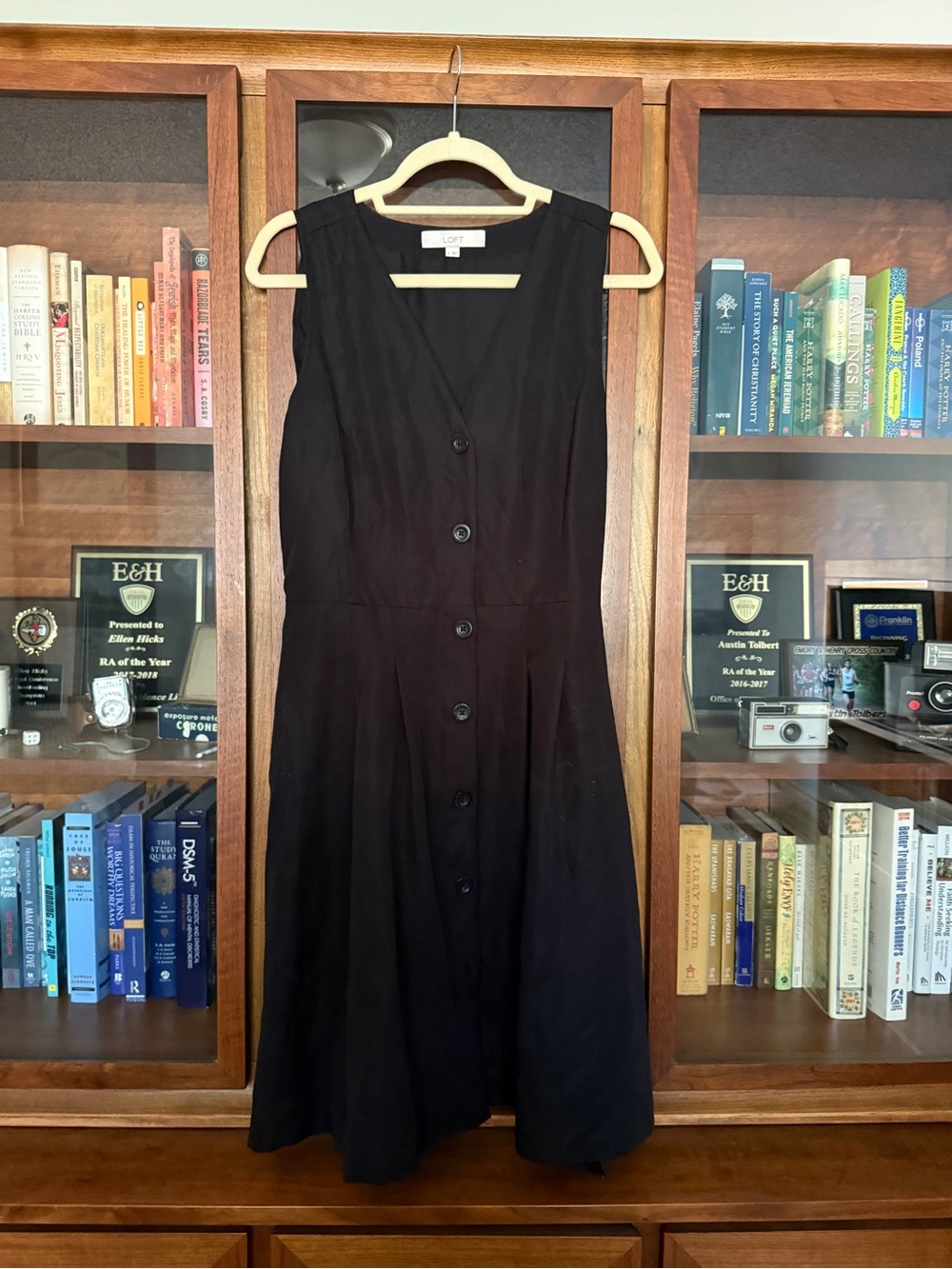 LOFT Black Sleeveless Button-Front Midi Dress